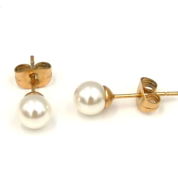 Classic Pearl Stud Earrings Faux Hypoallergenic Surgical Steel PVD Gold 6mm - Picture 1 of 4